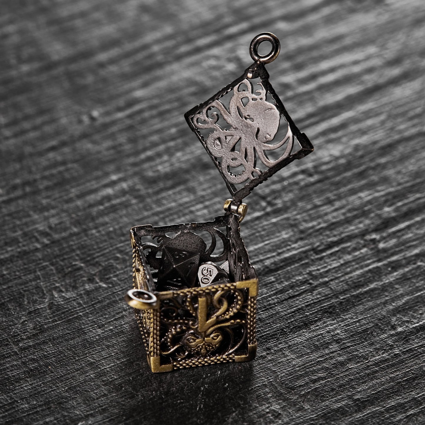 Micro Mini Metal DnD D&D Dice Set Bronze D6 Dice Cage Necklace