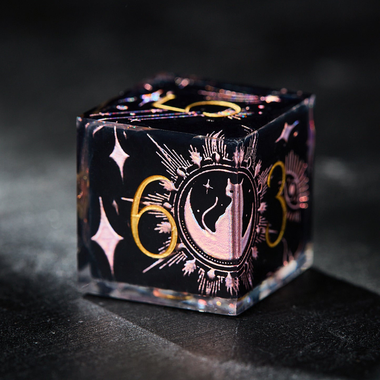 Mystic Black Star Moon Cat Resin DnD D&D Dice Set