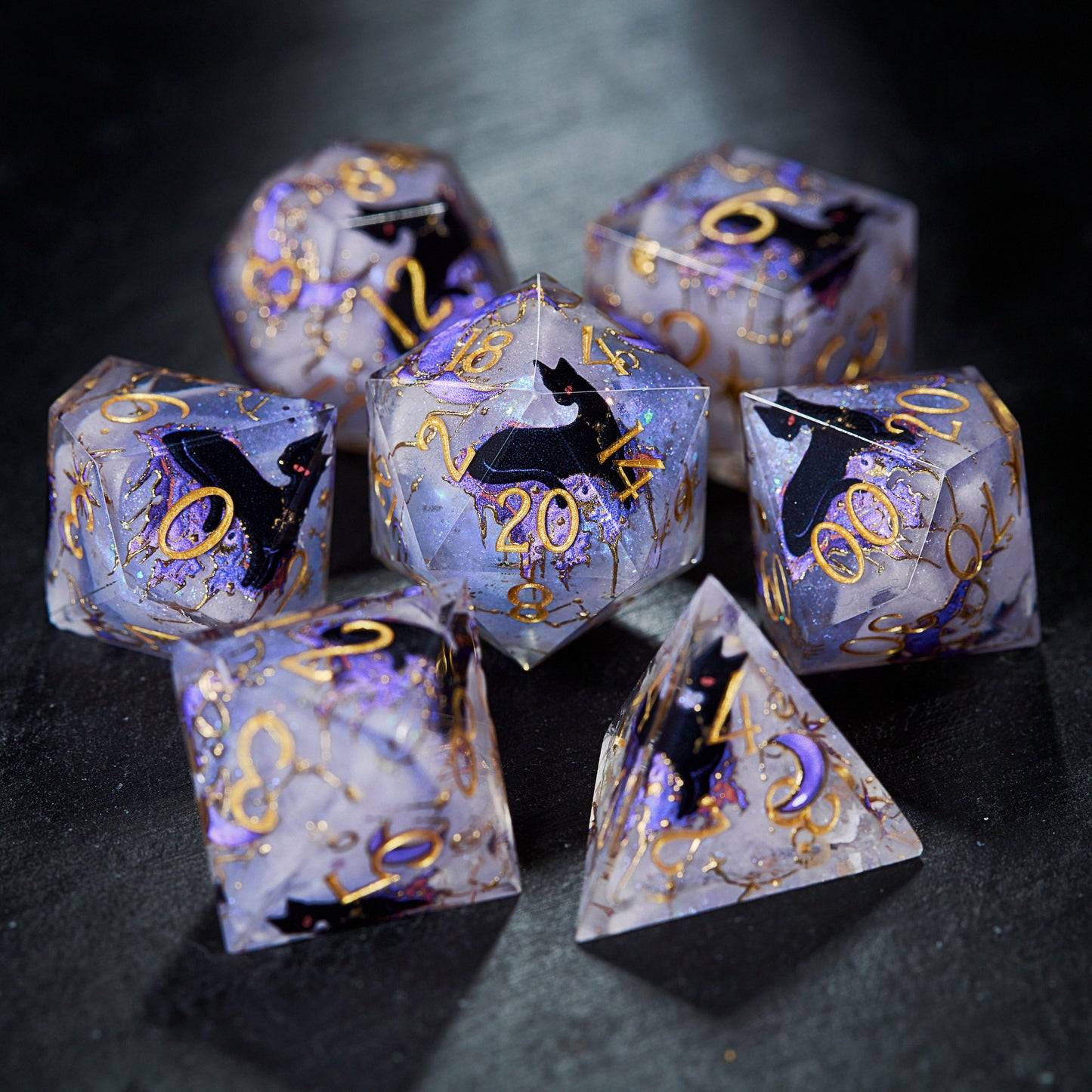 Mystery Purple Noblewoman Black Cat Resin DnD D&D Dice Set