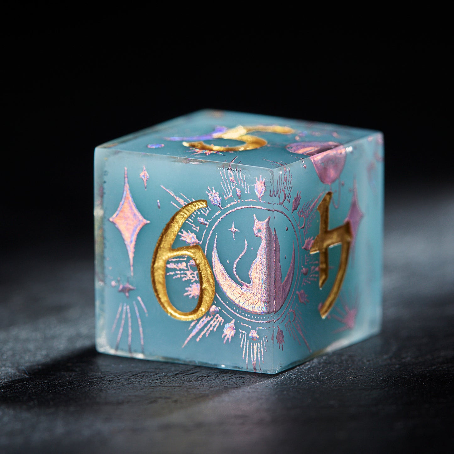 Mystic Aquamarine Star Moon Cat Resin Compass DnD D&D Dice Set