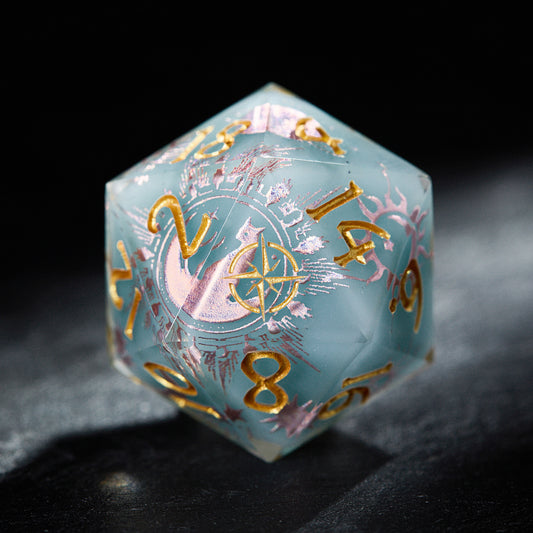 Mystic Aquamarine Star Moon Cat Resin Compass DnD D&D Dice Set