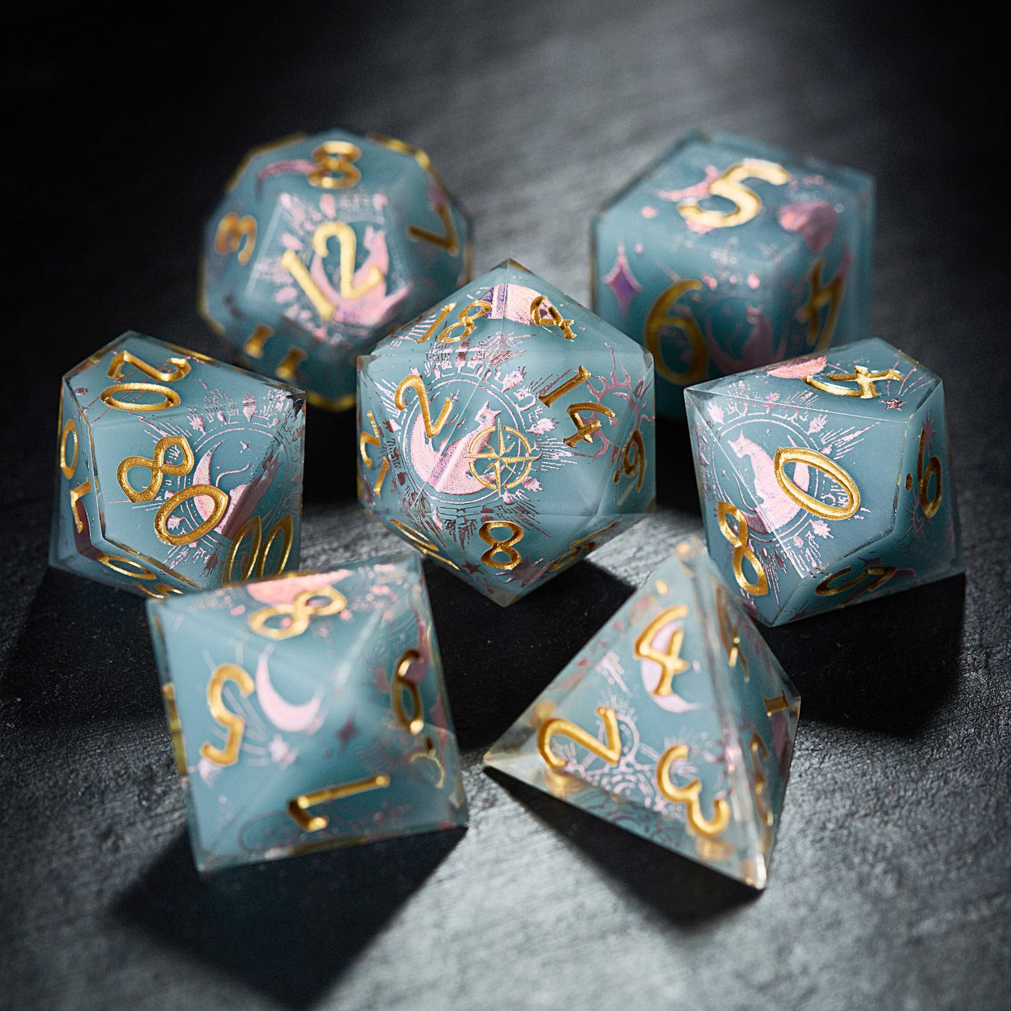 Mystic Aquamarine Star Moon Cat Resin Compass DnD D&D Dice Set