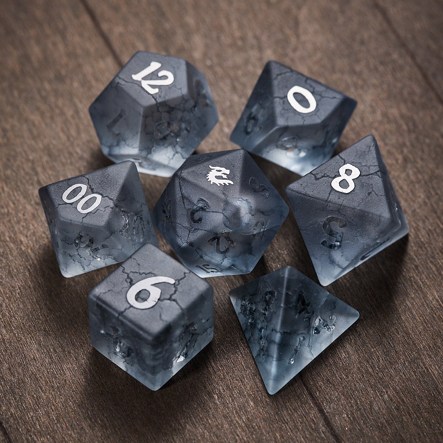 Transparent Dark Blue Lightning Glass Dragon DnD D&D Dice Set