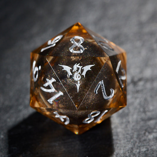 Black Liquid Core Resin Transparent Orange Flying Dragon DnD D&D Dice Set