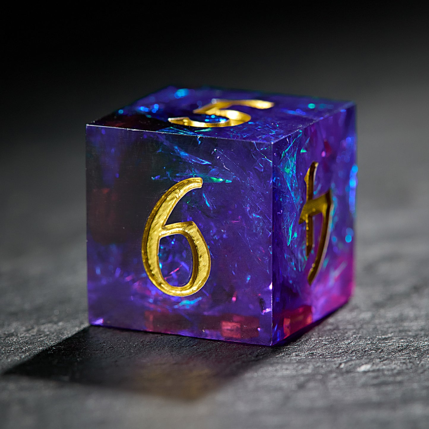 Purple Glitter Galaxy Resin Flying Dragon DnD D&D Dice Set