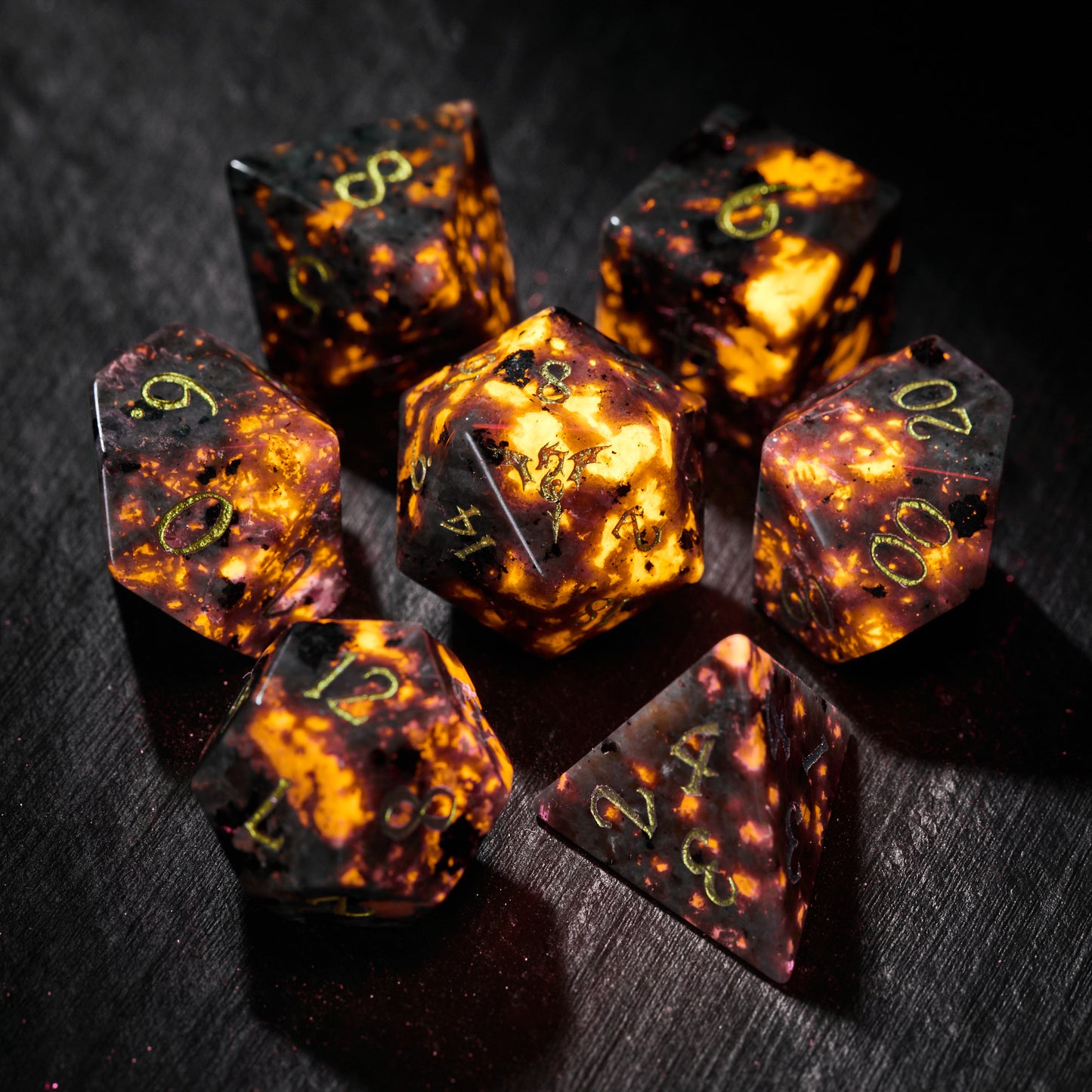 Yooperlite Gemstone Flying Dragon DnD D&D Dice Set