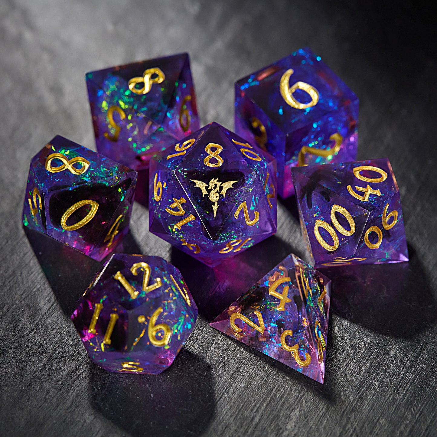 Purple Glitter Galaxy Resin Flying Dragon DnD D&D Dice Set