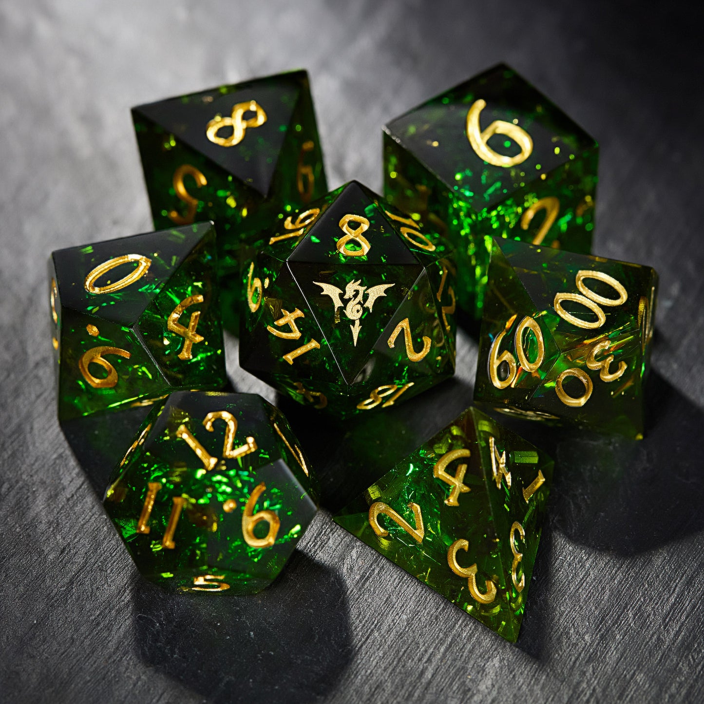 Dark Green Glitter Resin Flying Dragon DnD D&D Dice Set