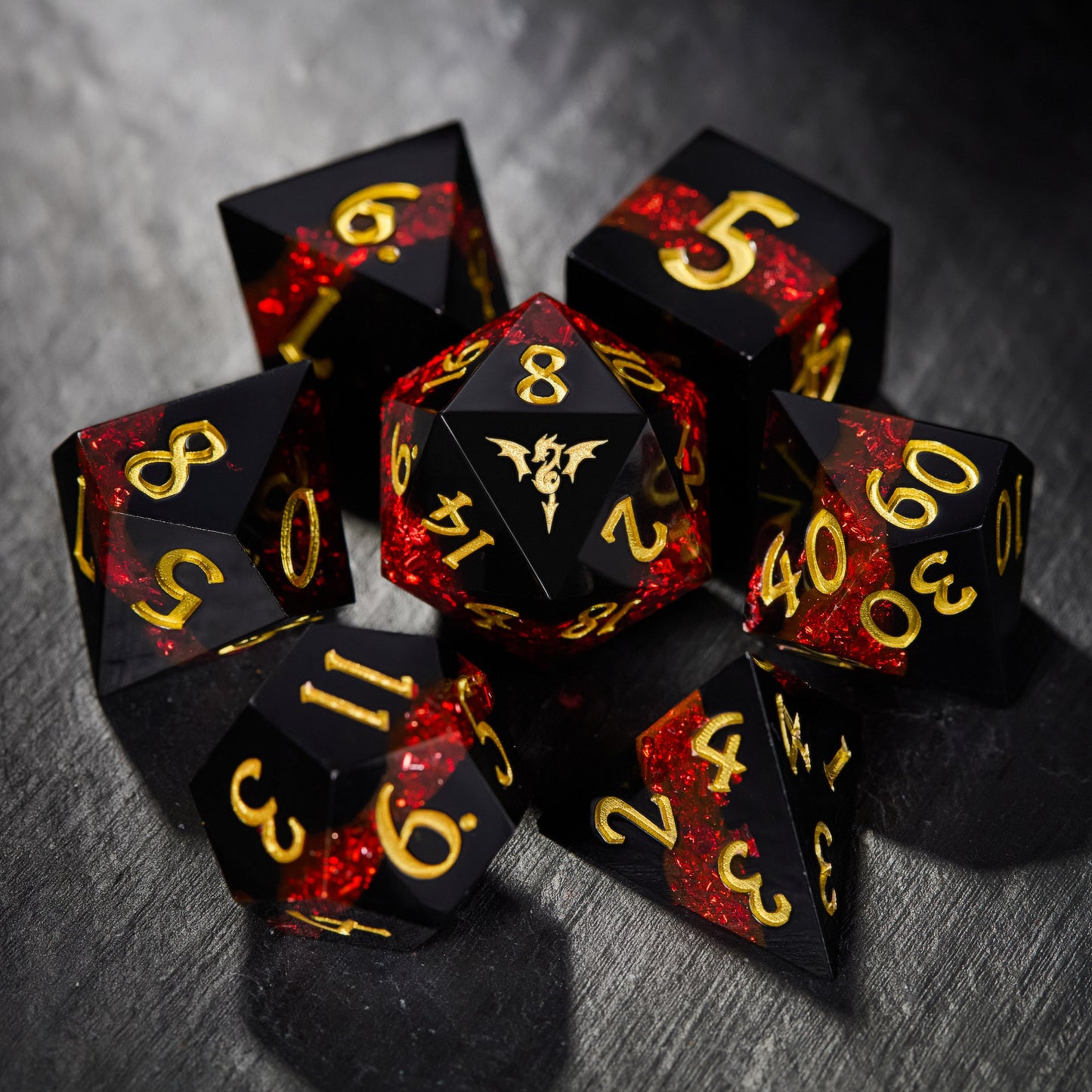 Red Tinsel Resin  Flying Dragon DnD D&D Dice Set