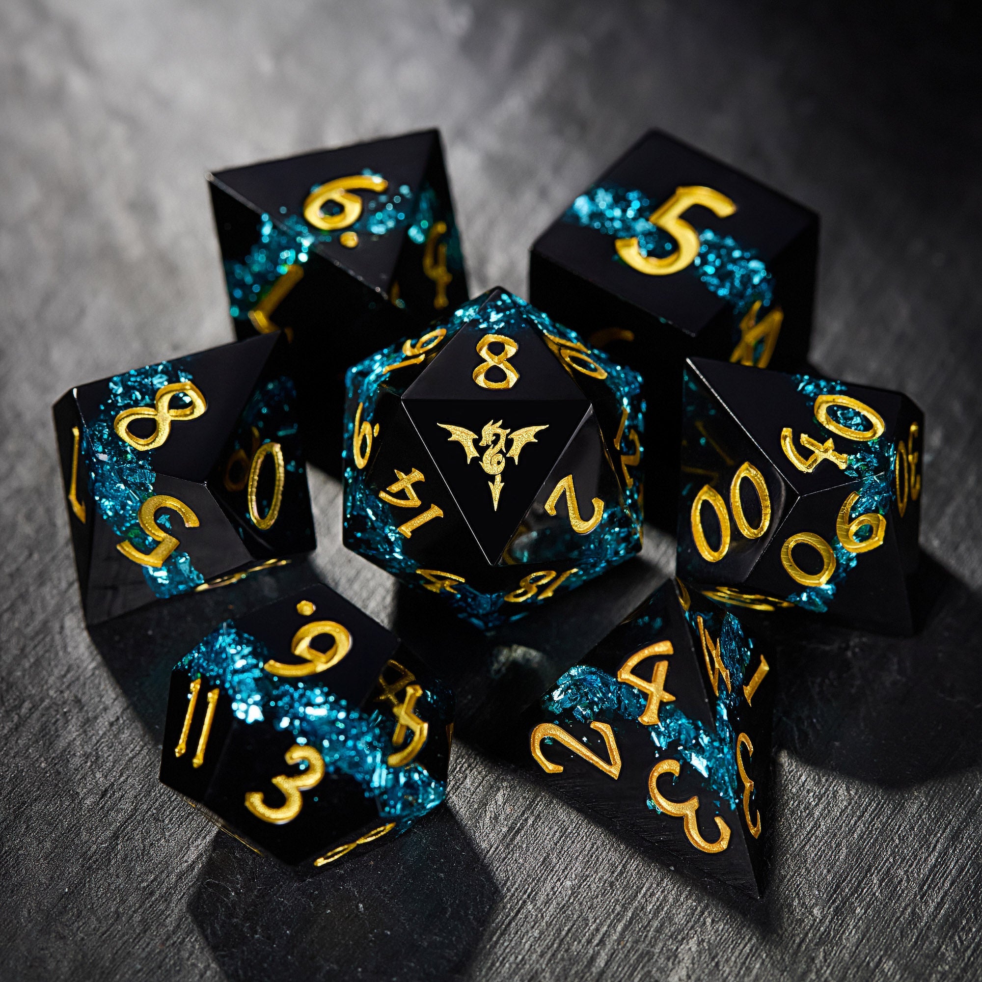 Blue Tinsel Resin Flying Dragon DnD D&D Dice Set