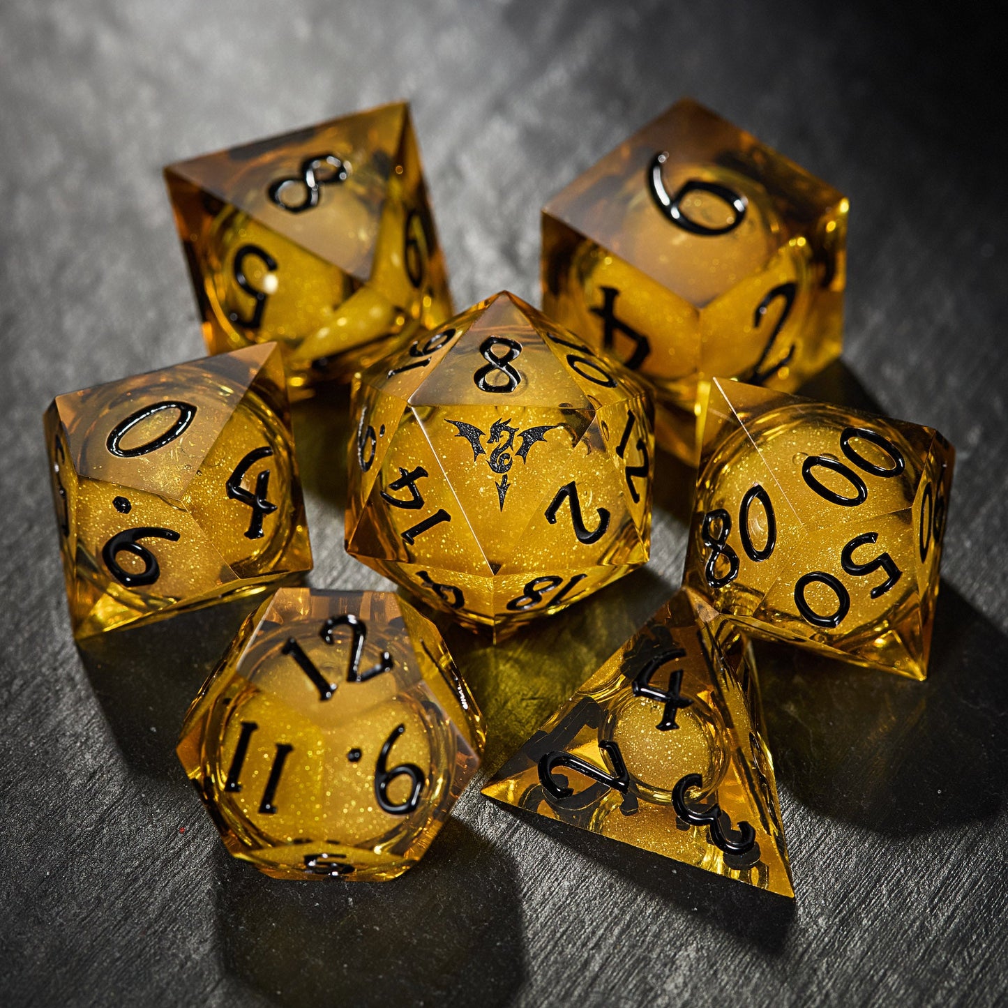 Yellow Sand Liquid Core Resin Flying Dragon DnD D&D Dice Set