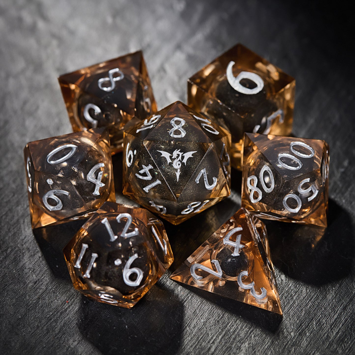 Black Liquid Core Resin Transparent Orange Flying Dragon DnD D&D Dice Set