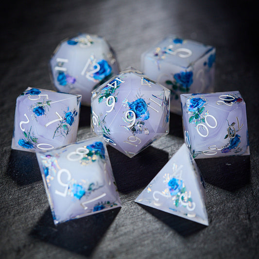 Blue Roses Resin DnD D&D Dice Set