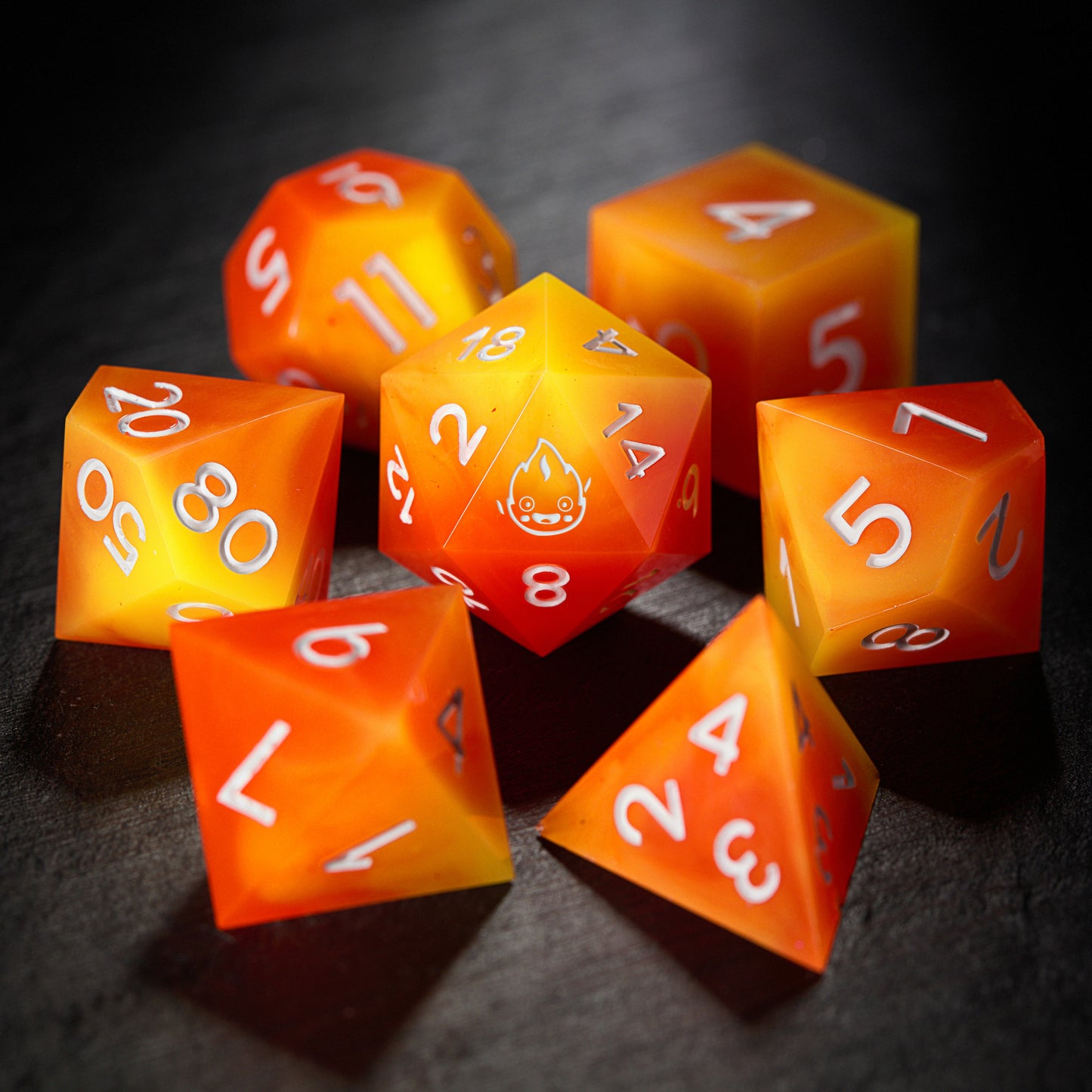 Orange Yellow Resin Magic Flame DnD D&D Dice Set