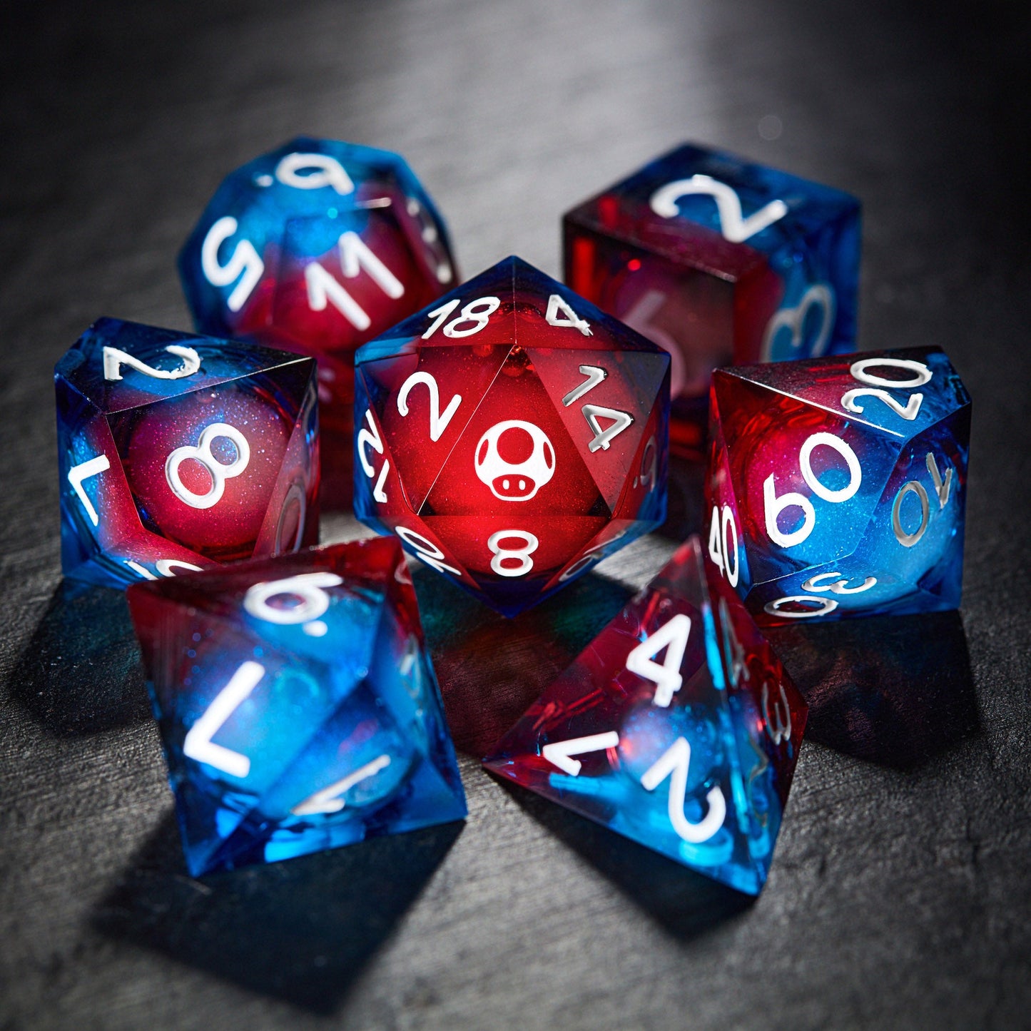 Blue Galaxy Liquid Core Resin Mario Mushroom DnD D&D Dice Set