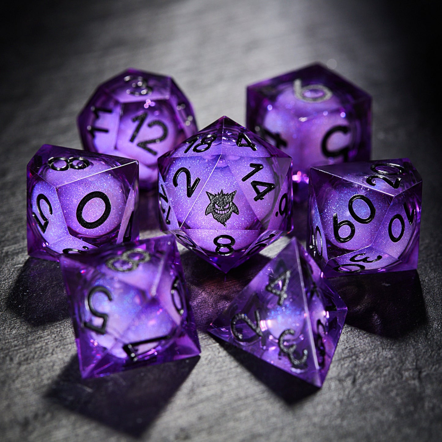 Purple Liquid Core Resin Gengar DnD D&D Dice Set