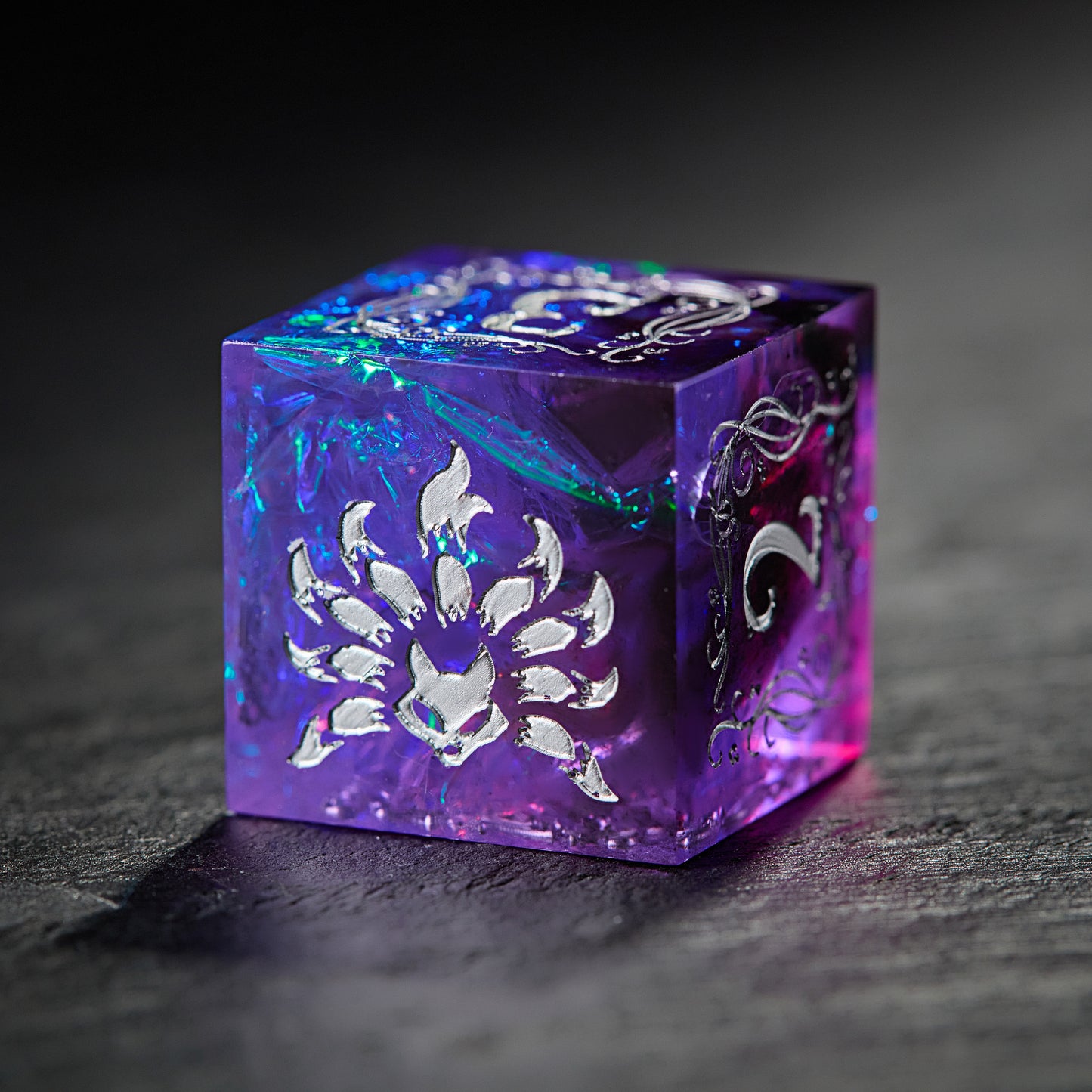 Purple Glitter Galaxy Resin Dice Bard Motif Nine Tails Fox DnD D&D Dice Set