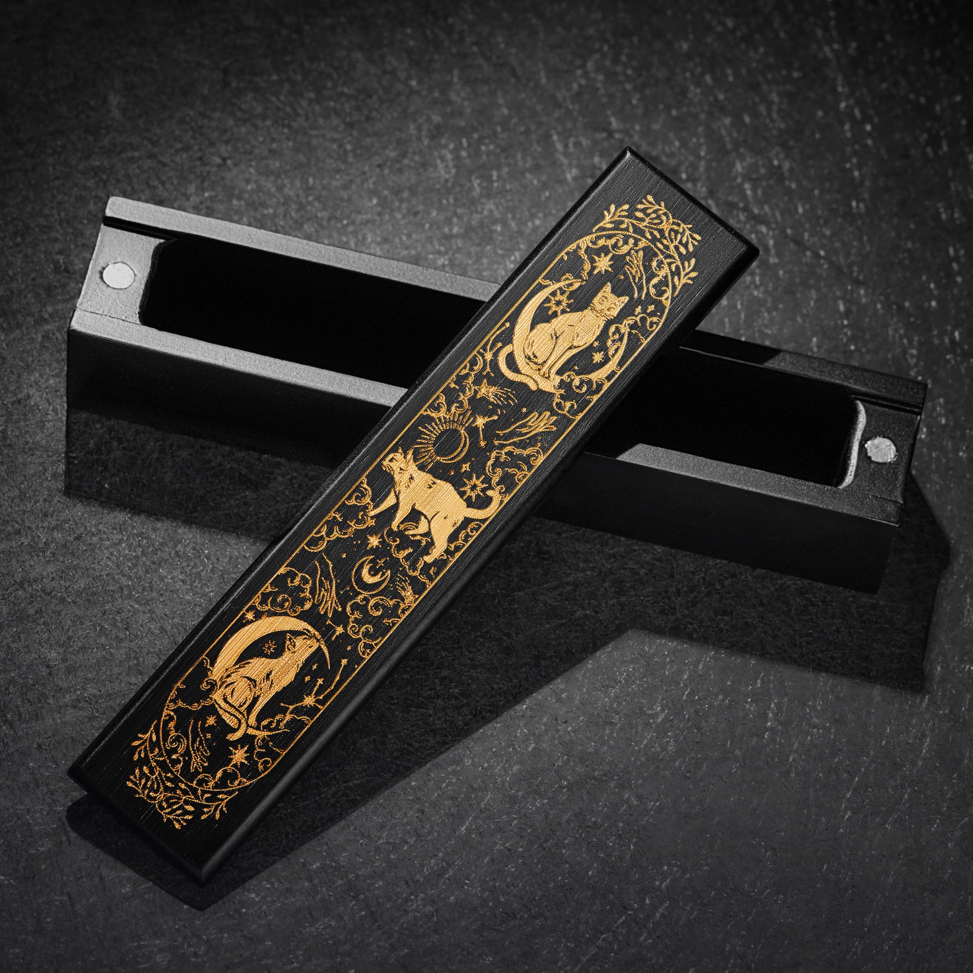 Black Wood Three Moon Cats Motif DnD D&D Dice Box