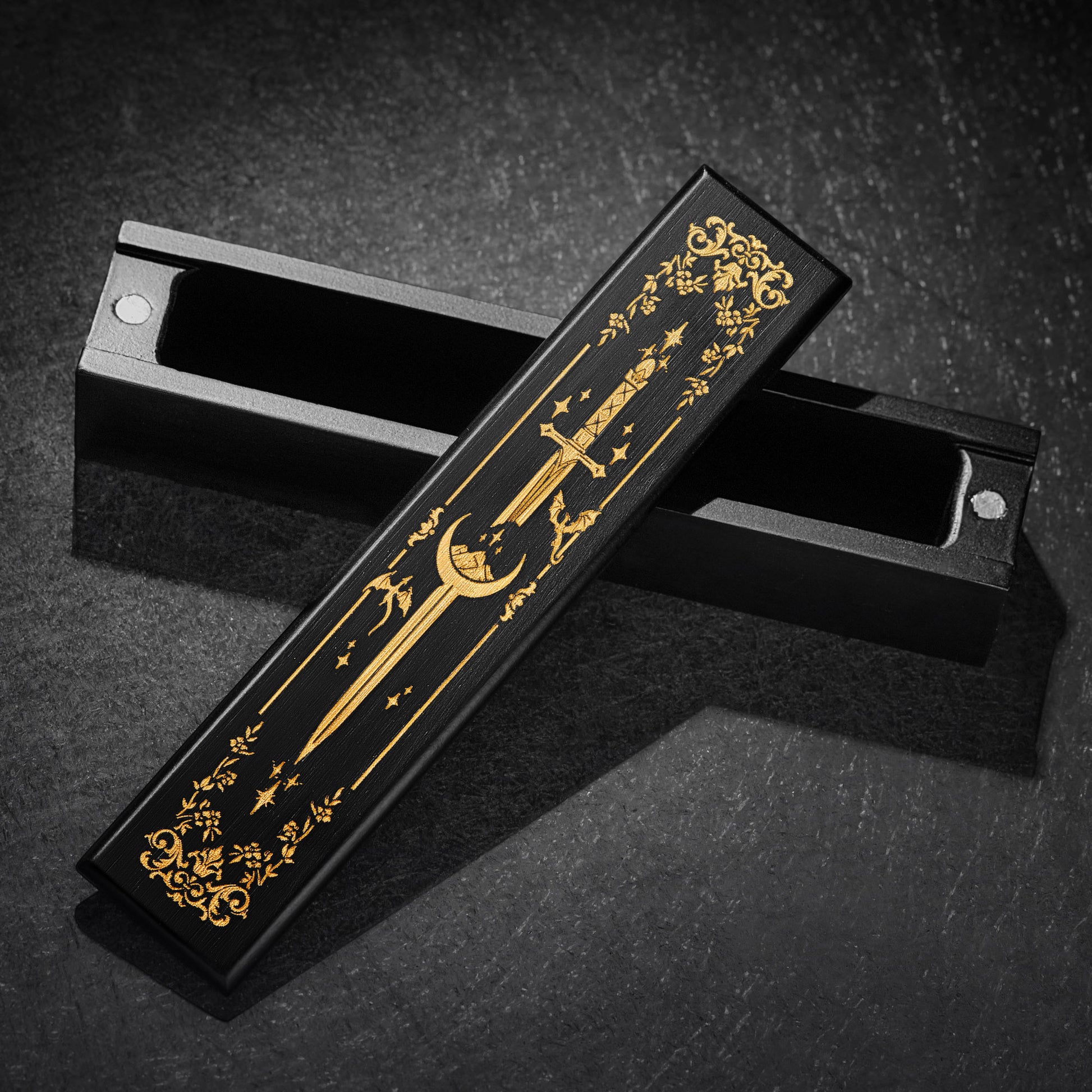 Black Wood Flying Dragon Sword Motif DnD D&D Dice Box