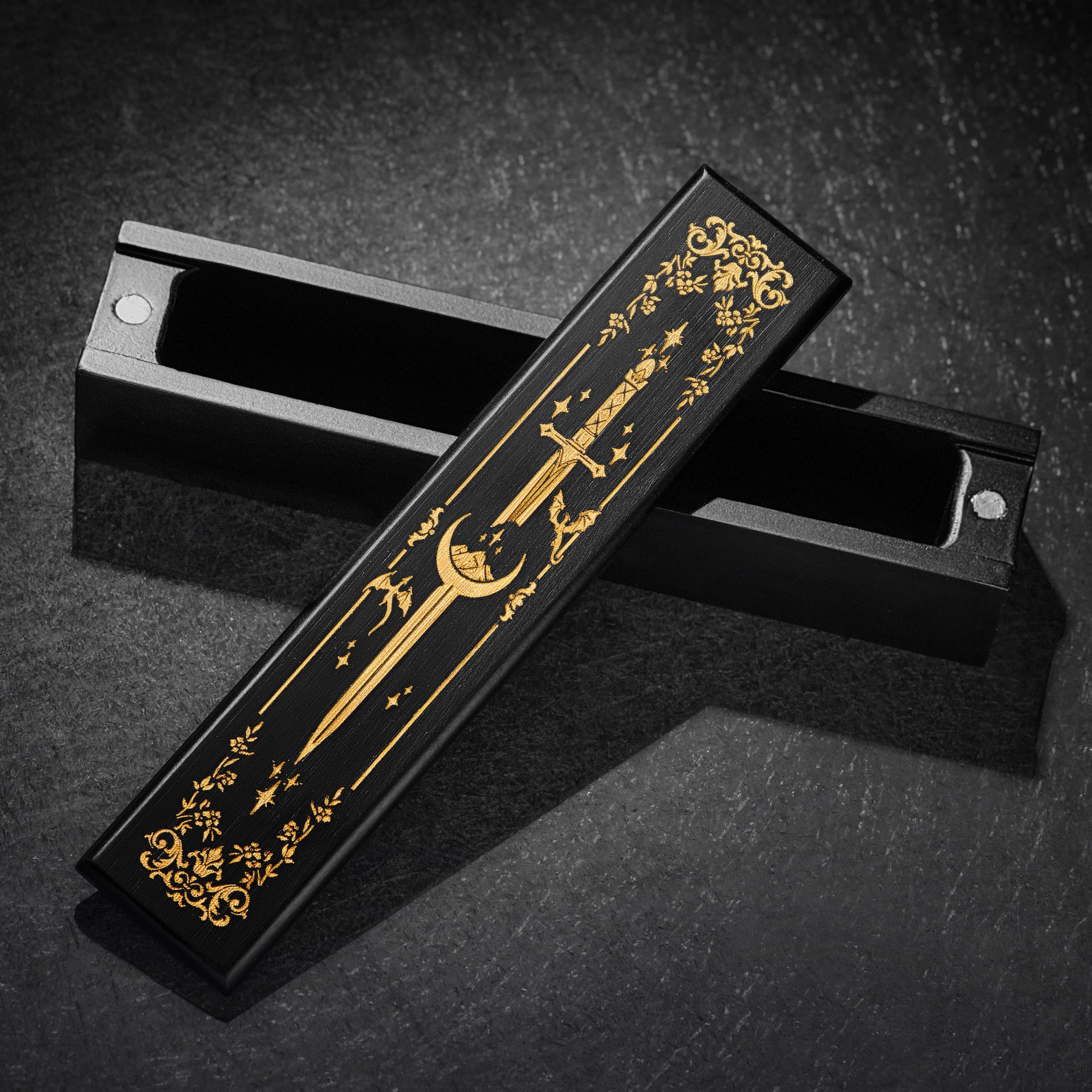 Black Wood Flying Dragon Sword Motif DnD D&D Dice Box