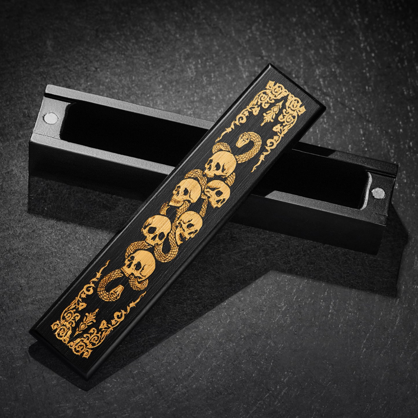 Black Wood Skulls and Snakes Motif DnD D&D Dice Box