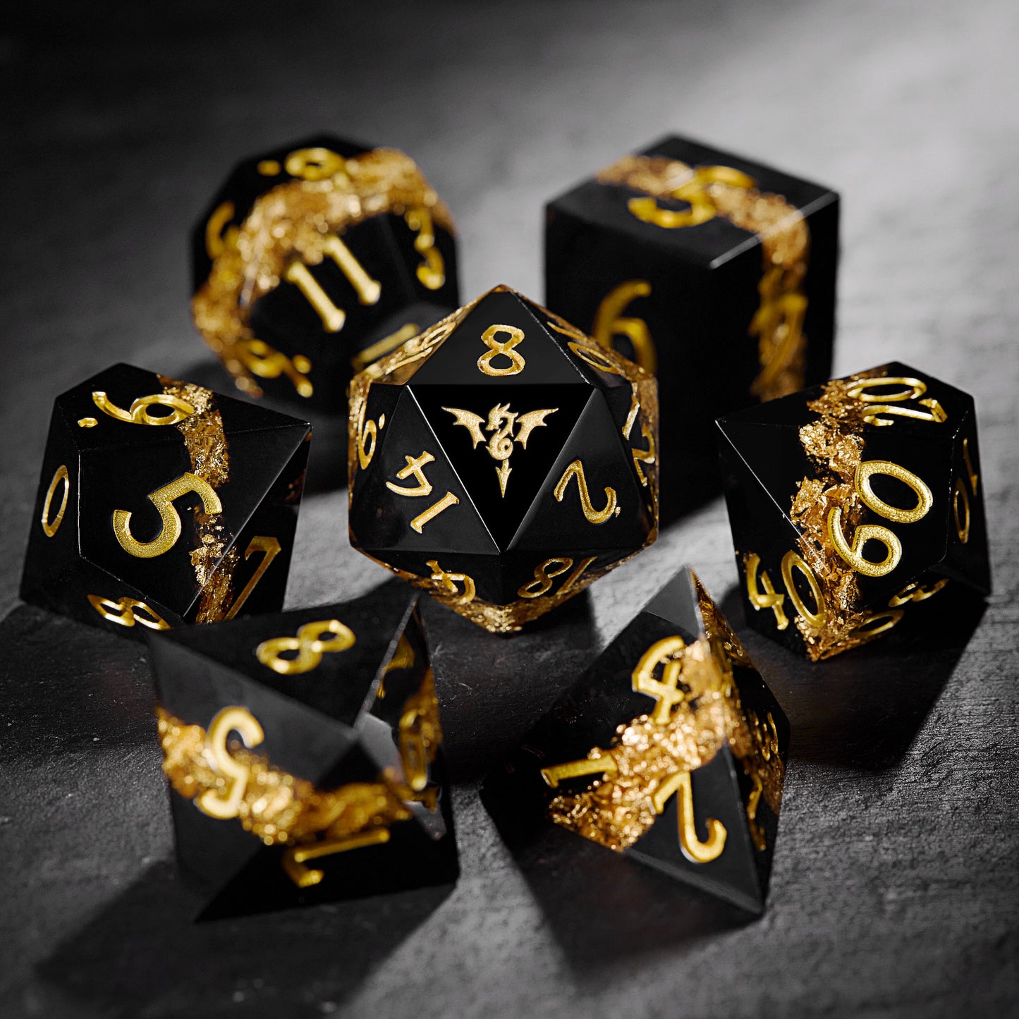 Black Goldleaf Resin Flying Dragon DnD D&D Dice Set