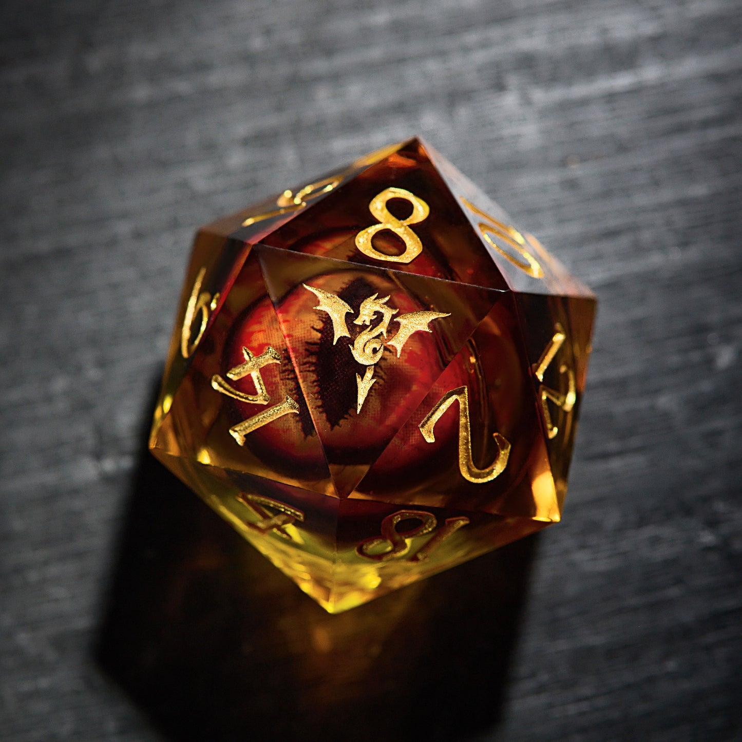 Floating Fire Pupil Dragon's Eye Liquid Core Resin Flying Dragon DnD D&D Dice Set