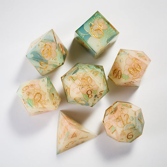 Sea Wave and Cherry Blossom Resin DnD D&D Dice Set