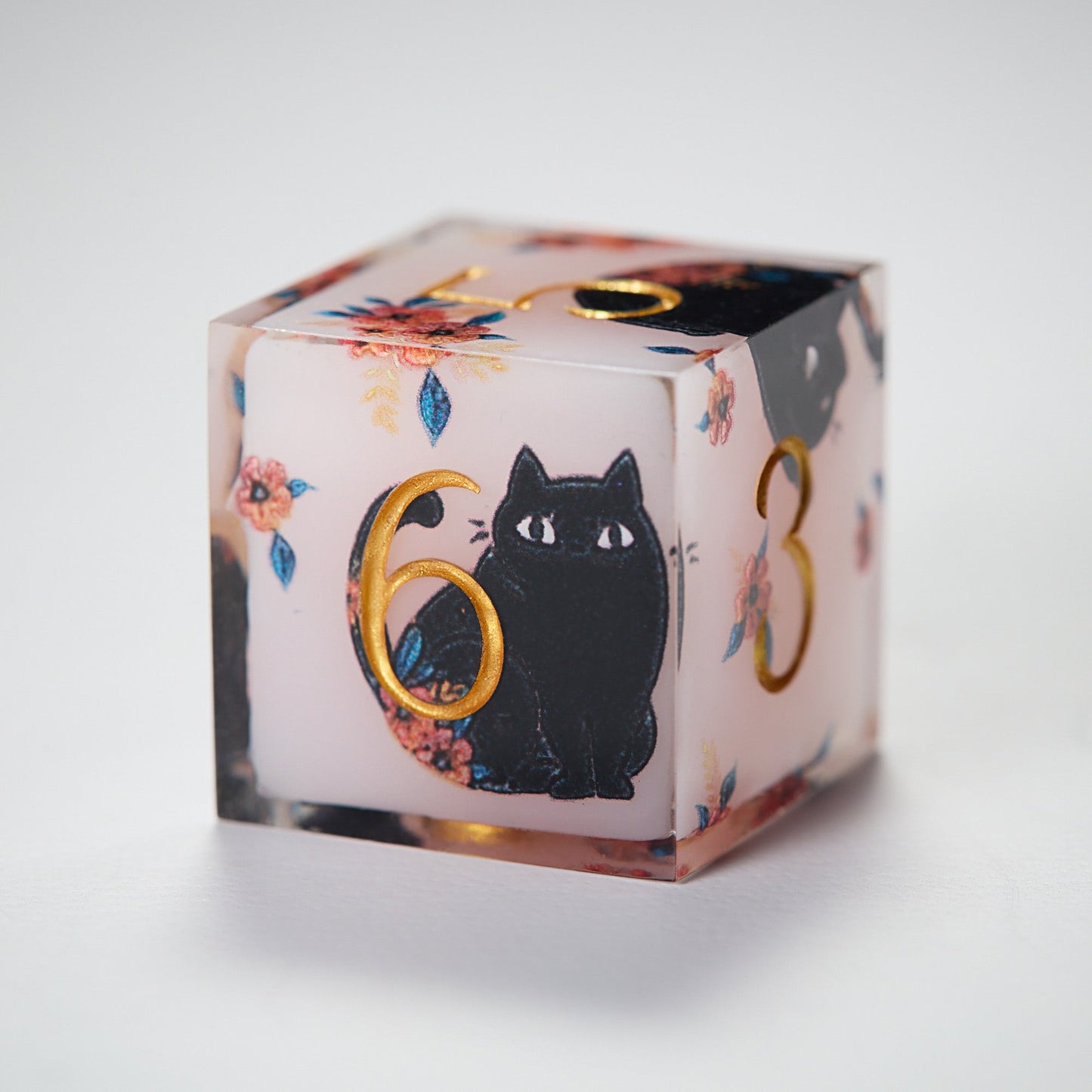 Black Cat and Flower Resin DnD D&D Dice Set