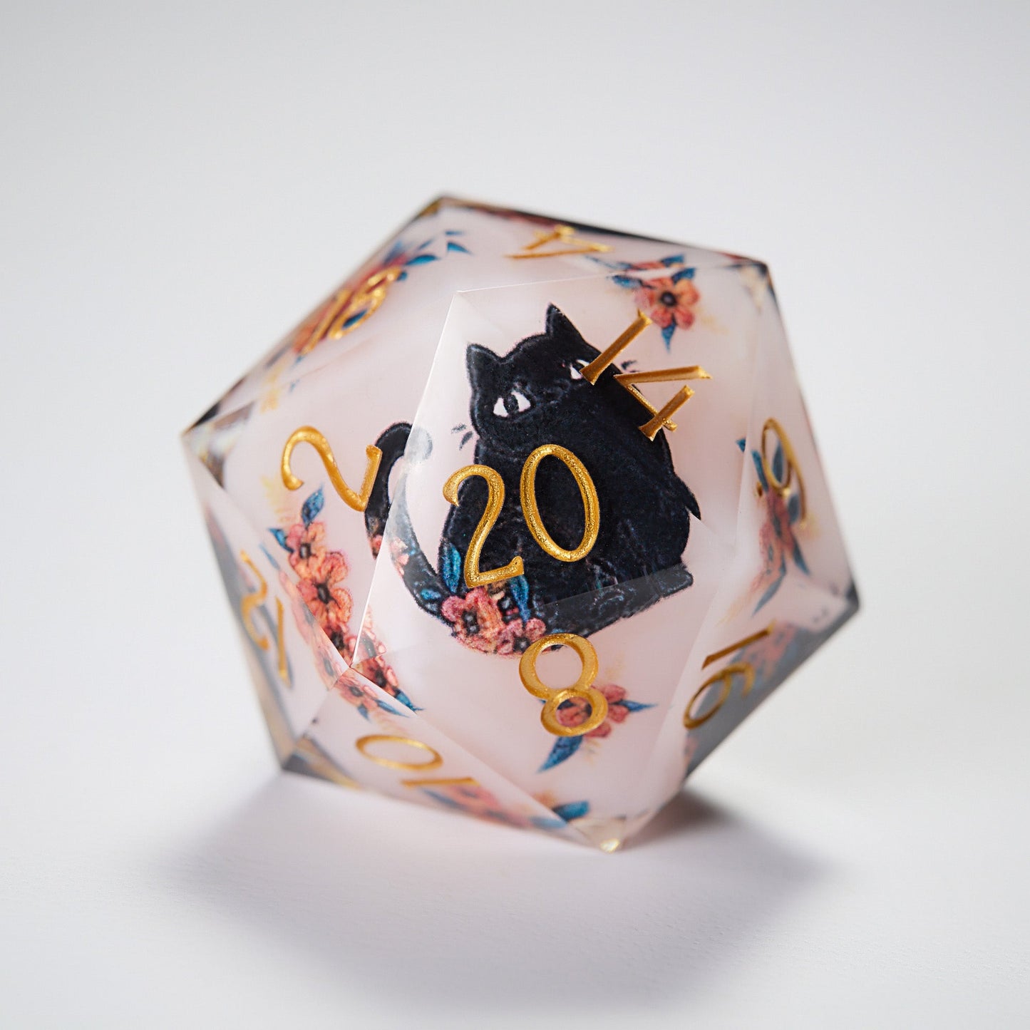 Black Cat and Flower Resin DnD D&D Dice Set