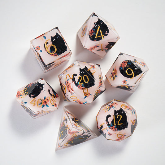 Black Cat and Flower Resin DnD D&D Dice Set