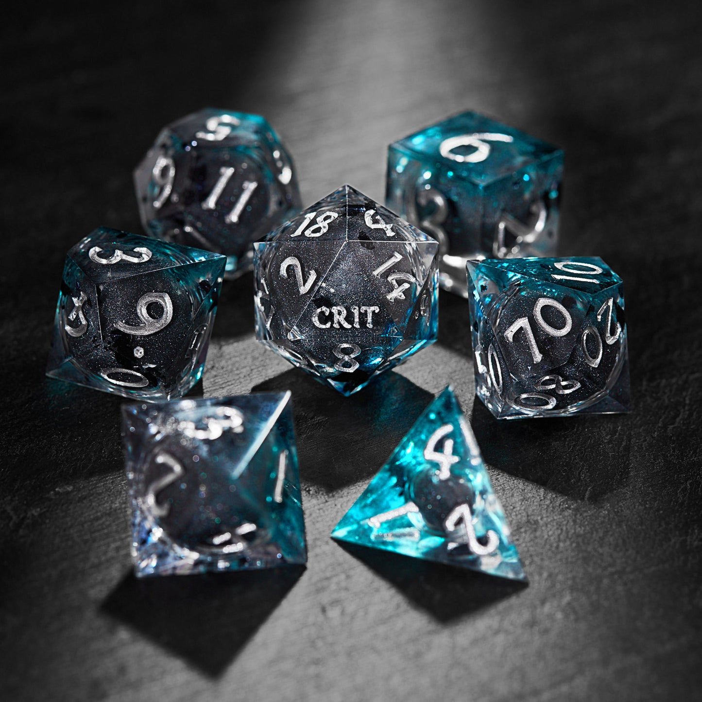 Silver Black Liquid Core Resin Crit DnD D&D Dice Set