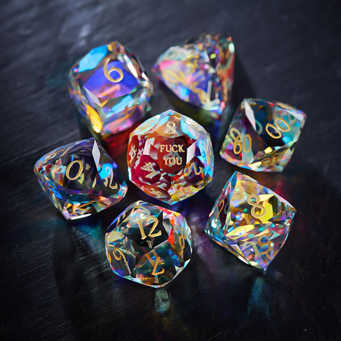 Multifaceted Fantastic Glass F word DnD D&D Dice Set