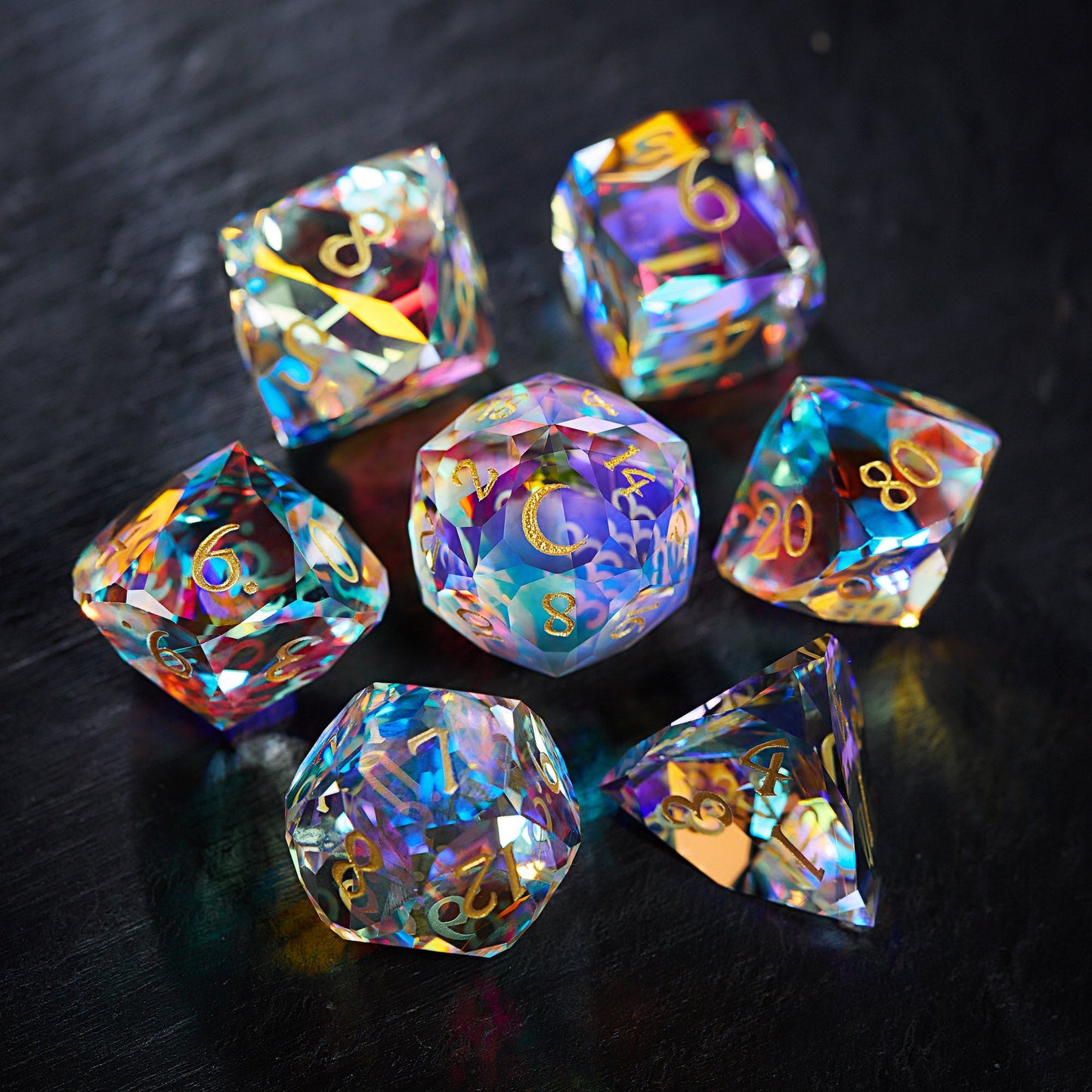 Multifaceted Fantastic Glass Moon DnD D&D Dice Set