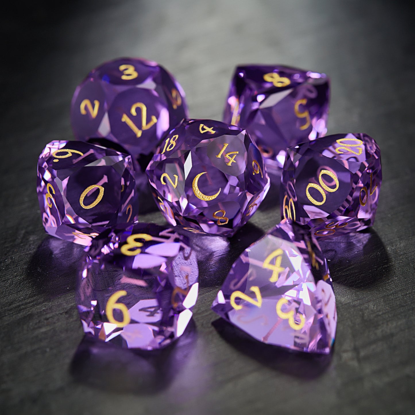 Multifaceted Purple Glass Moon DnD D&D Dice Set