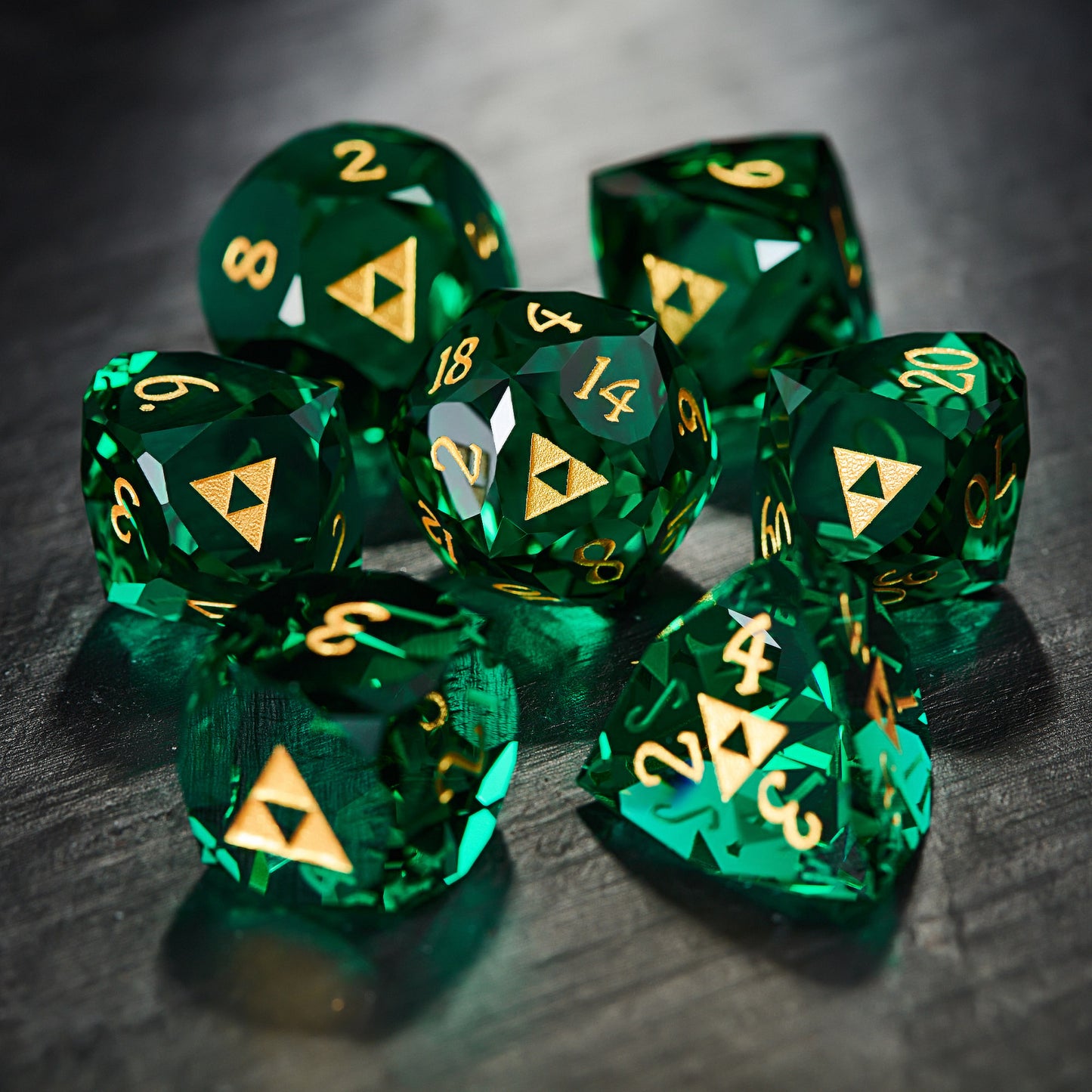 Multifaceted Green Glass All Zelda DnD D&D Dice Set