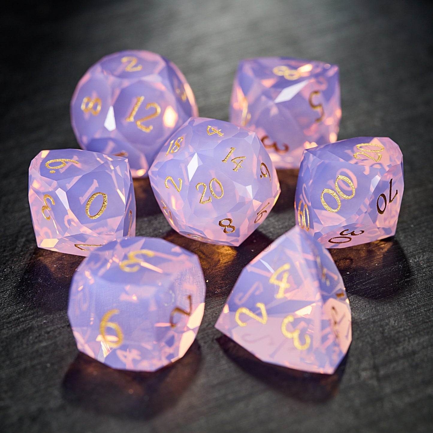 Multifaceted Pink Opalite Gemstone DnD D&D Dice Set