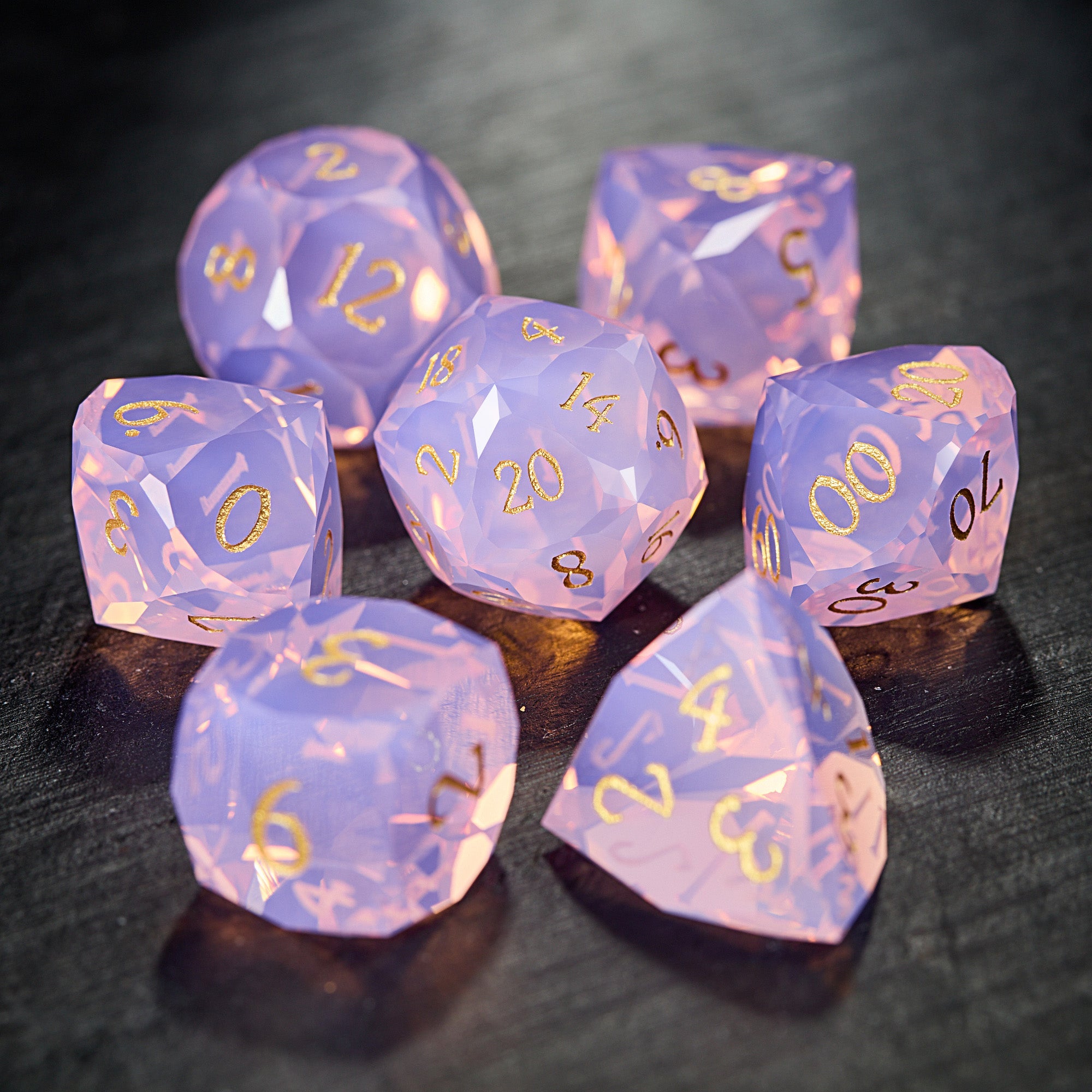 Multifaceted Pink Opalite Gemstone DnD D&D Dice Set
