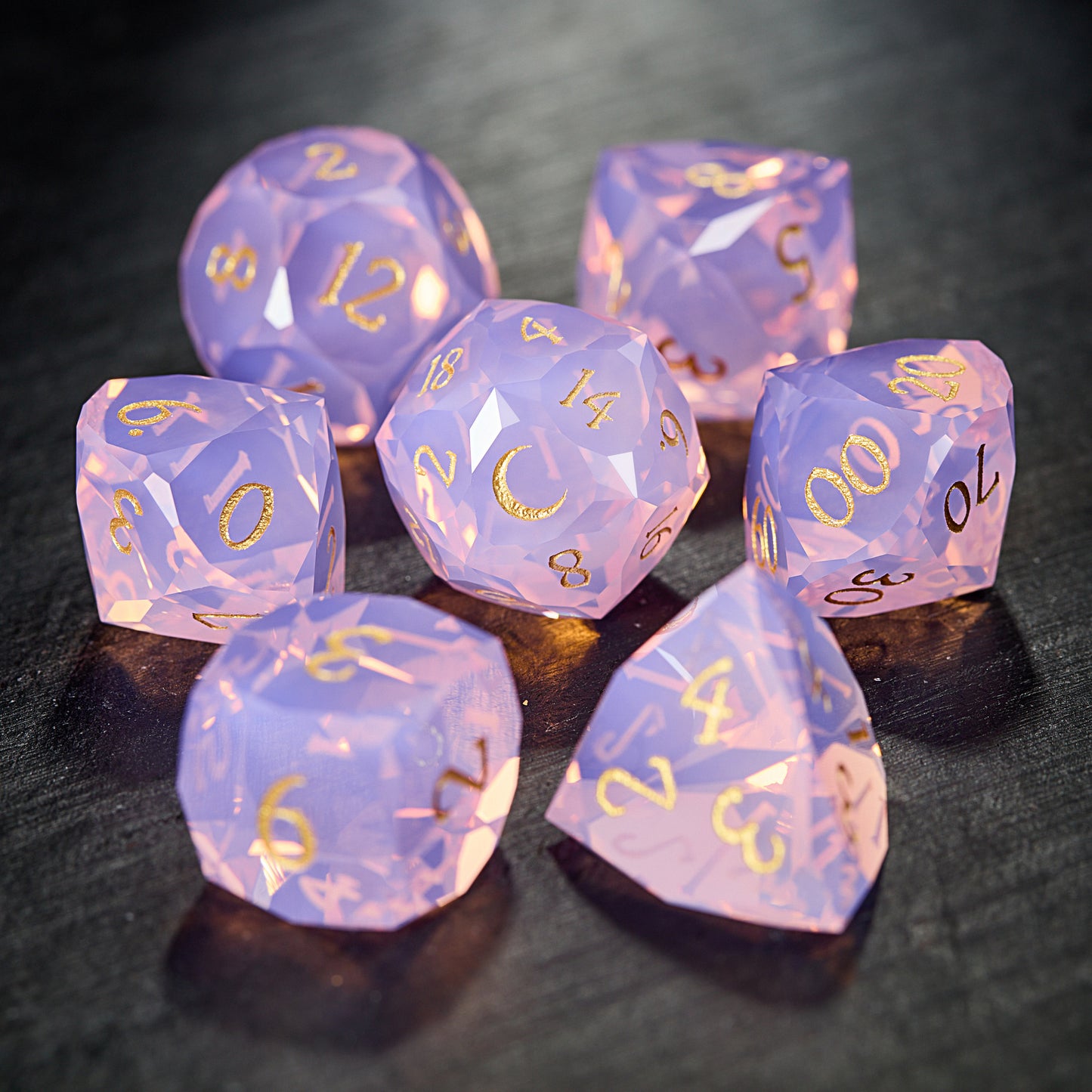 Multifaceted Pink Opalite Gemstone Moon DnD D&D Dice Set