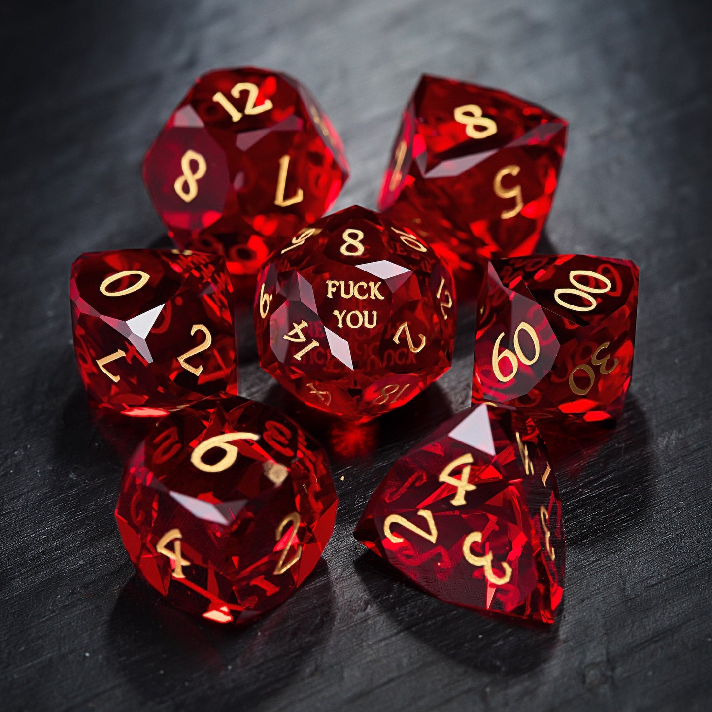 Multifaceted Blood Red Glass F Word DnD D&D Dice Set