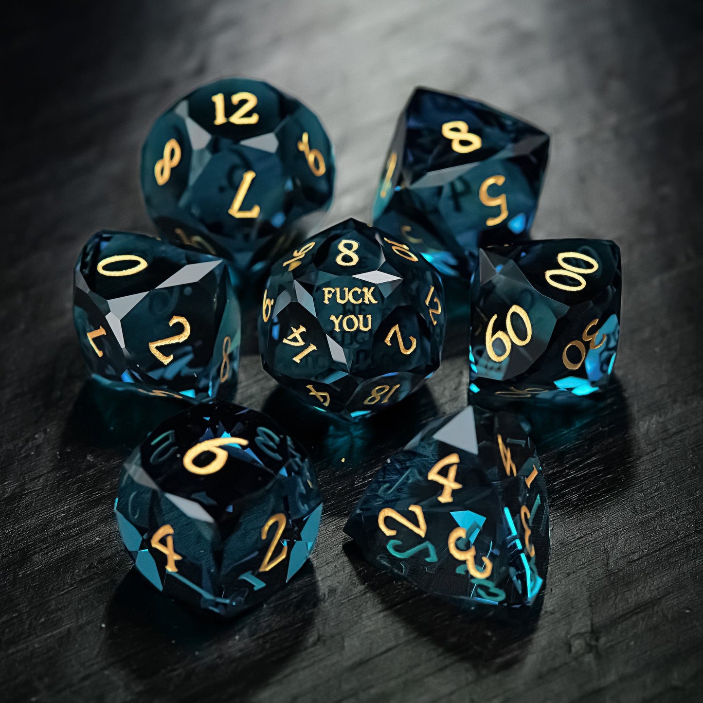 Multifaceted Dark Blue Glass F Word DnD D&D Dice Set