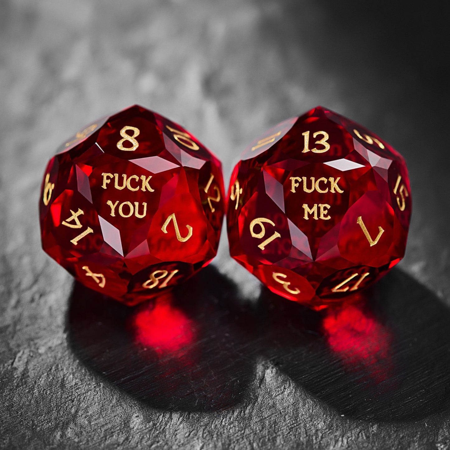 Multifaceted Blood Red Glass F Word DnD D&D Dice Set