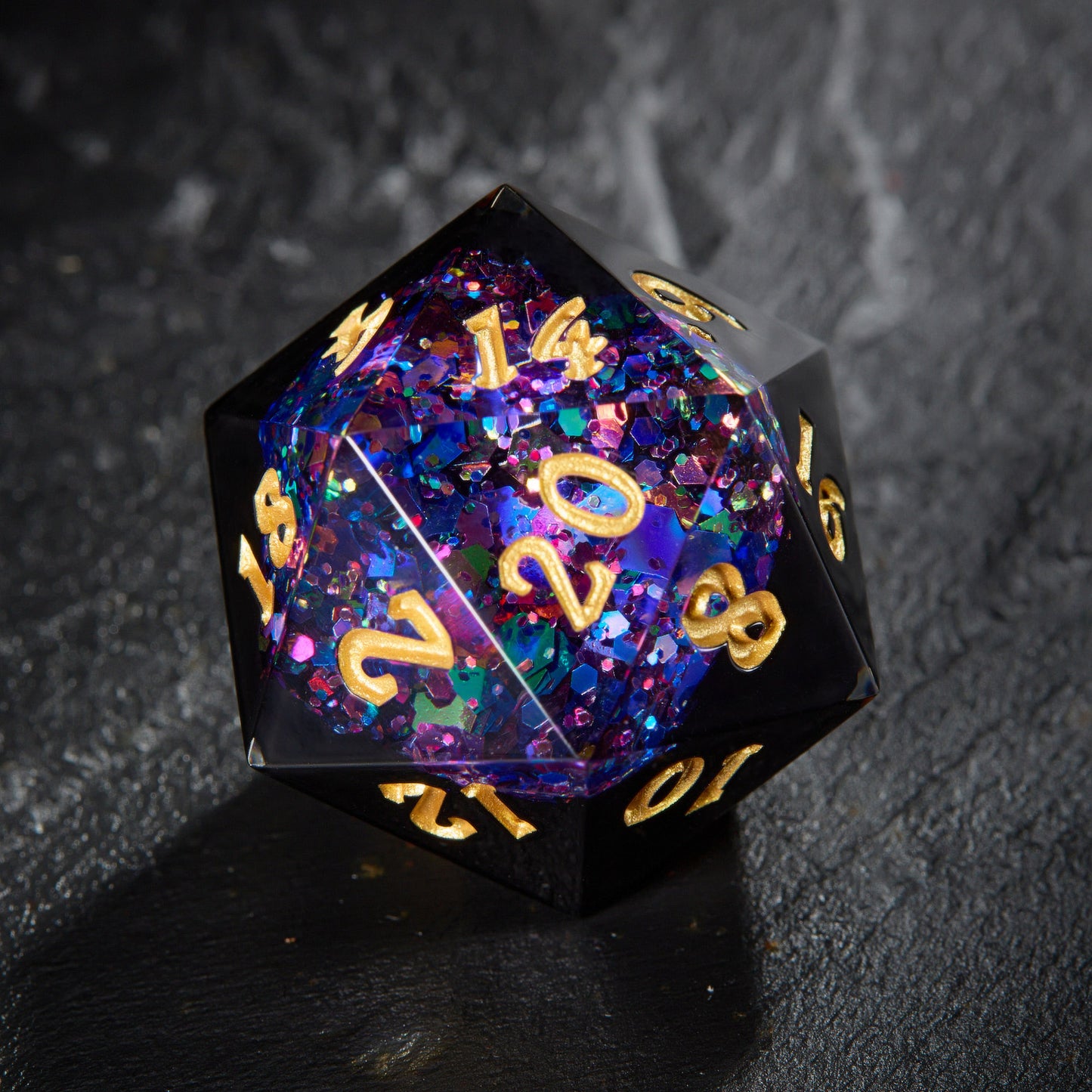 Purple Blue Glitter Crystal Geode Black Resin DnD D&D Dice Set