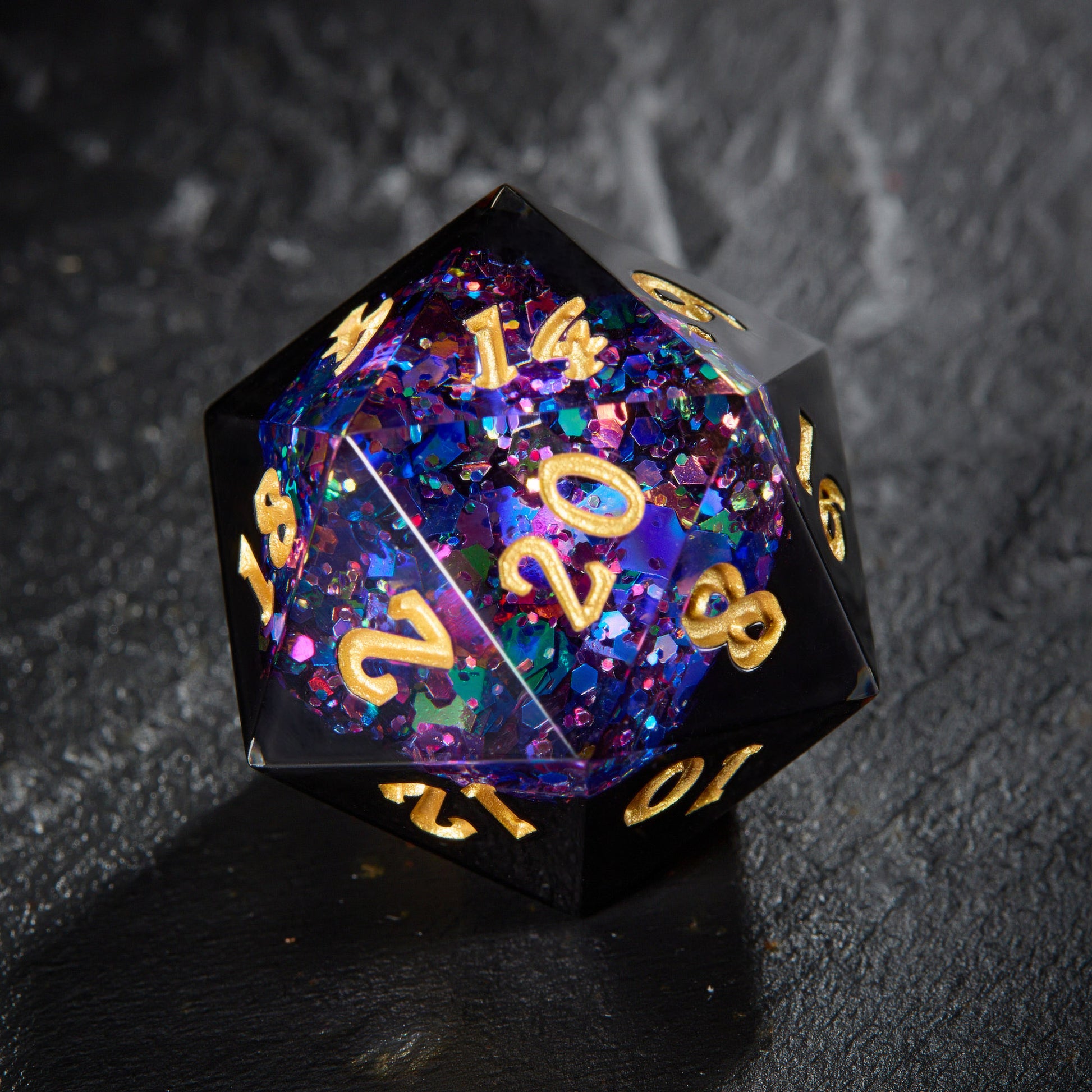 Purple Blue Glitter Crystal Geode Black Resin DnD D&D Dice Set