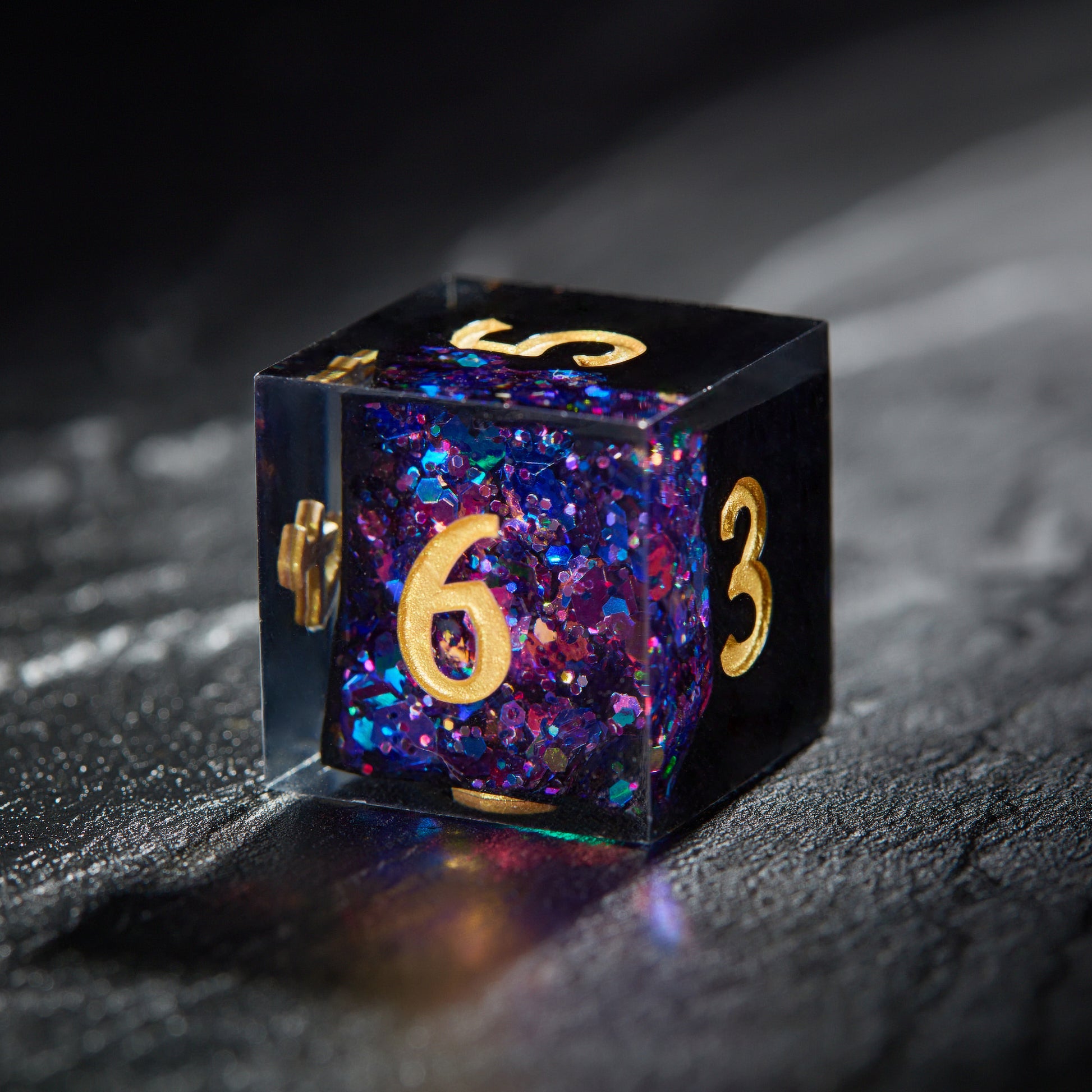 Purple Blue Glitter Crystal Geode Black Resin DnD D&D Dice Set