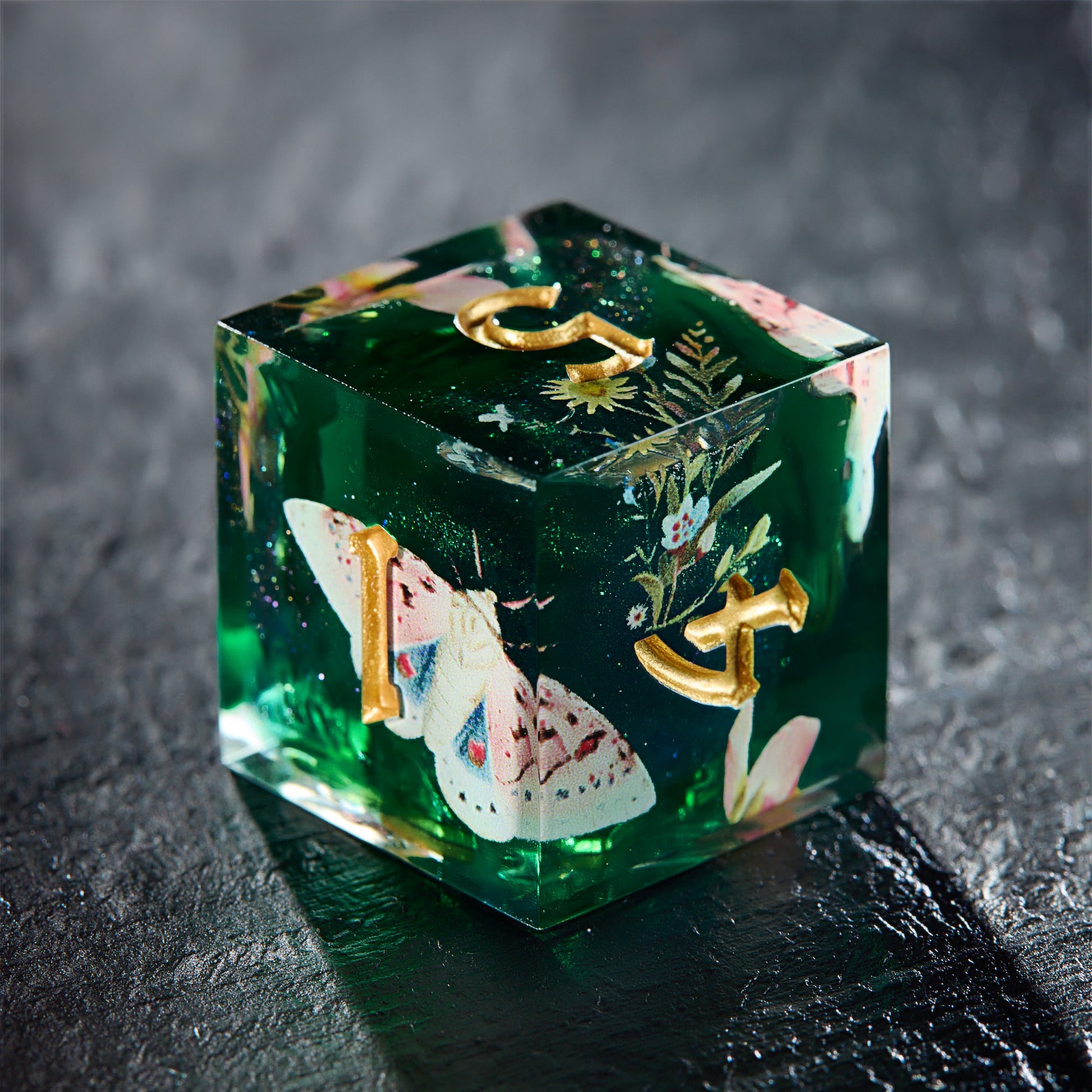 Moth and Flora Green Dice - CrystalMaggie
