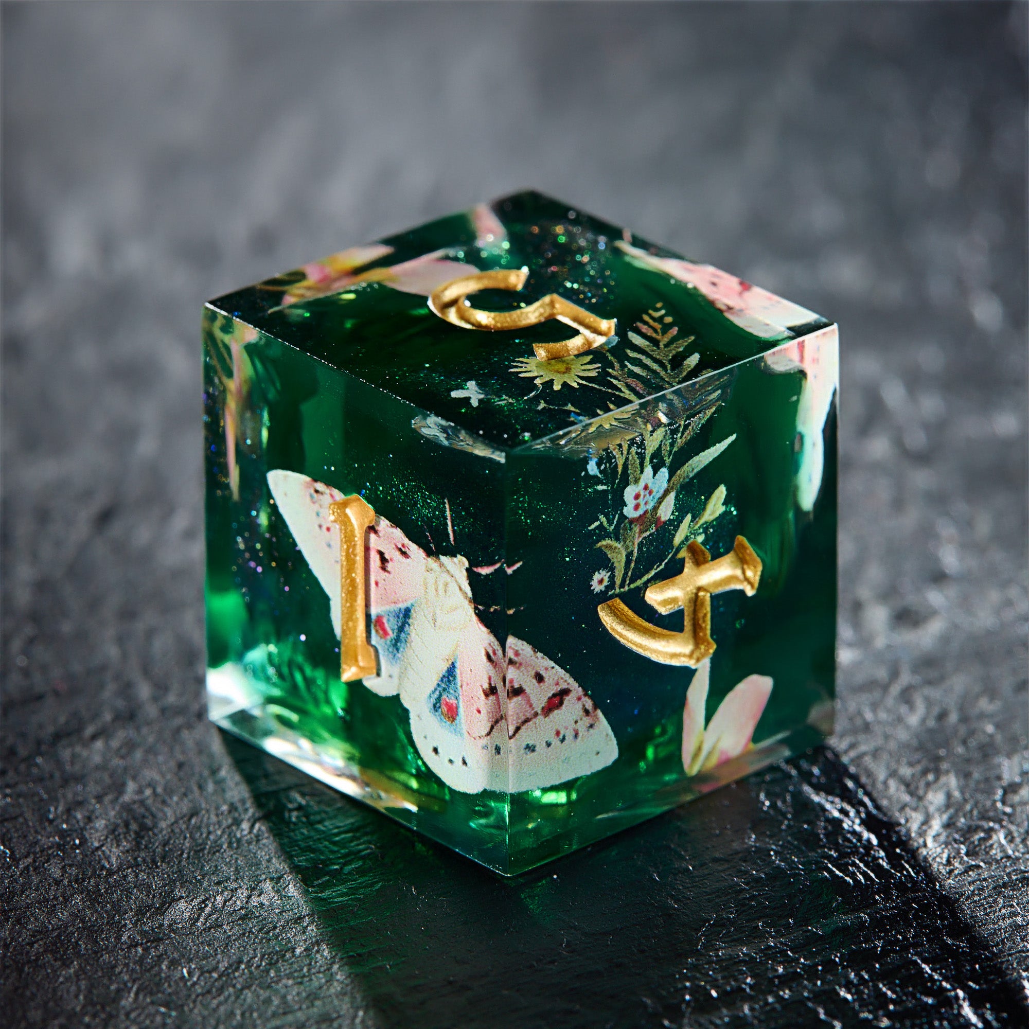 Moth and Flora Green Dice - CrystalMaggie