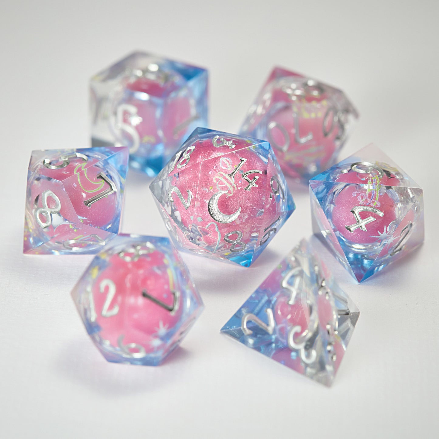 Astrology Pink Liquid Core Resin Moon DnD D&D Dice Set