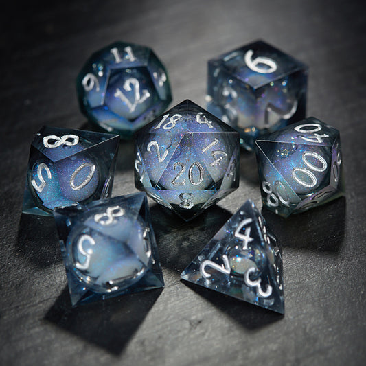 Grayish Blue Liquid Core Resin Galaxy DnD D&D Dice Set