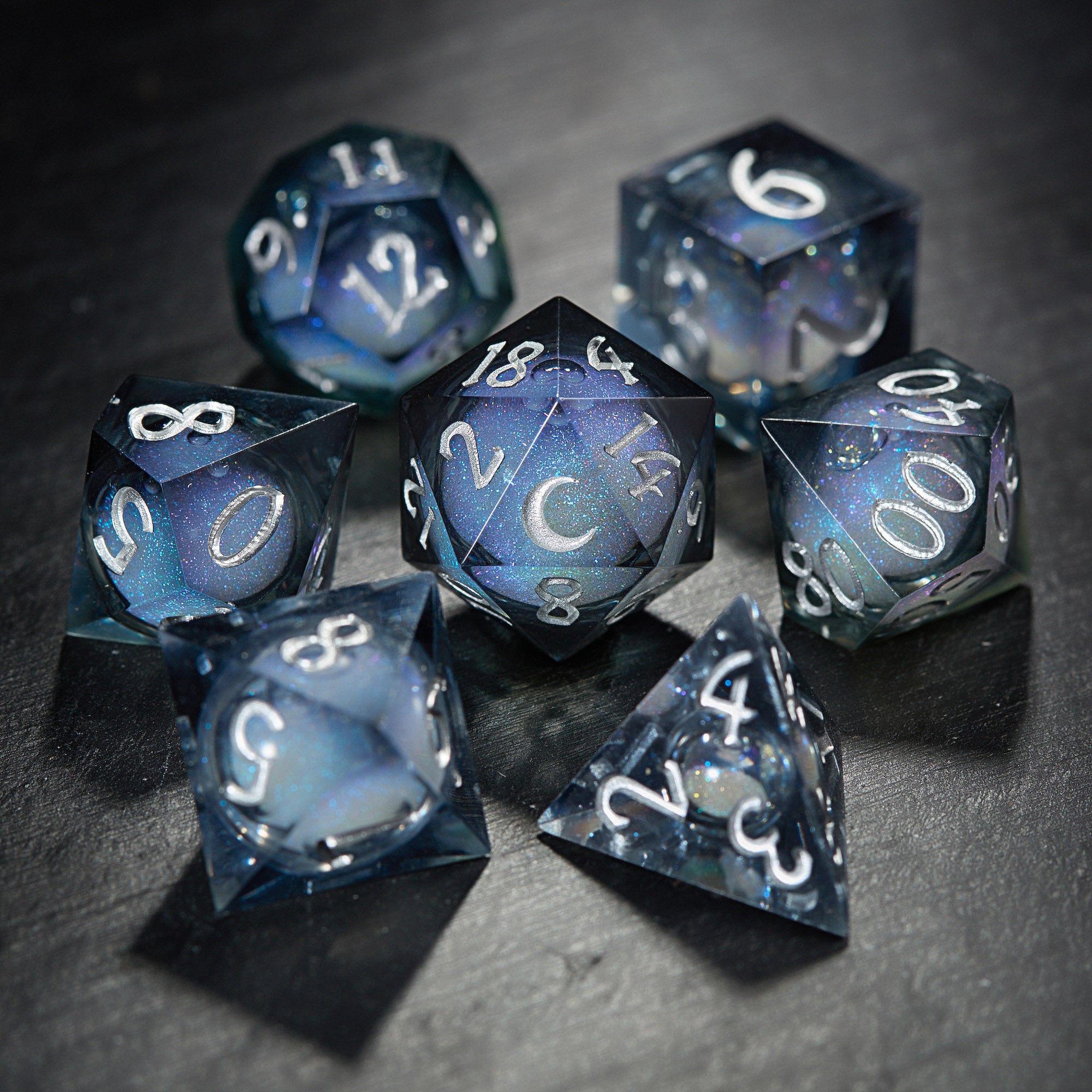 Grayish Blue Liquid Core Resin Galaxy Dice Moon DnD D&D Dice Set